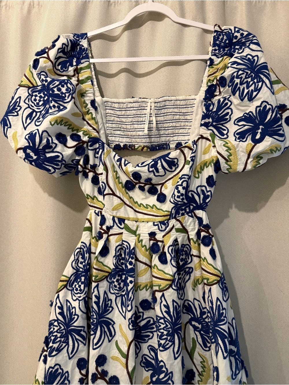Anthropologie Embroidered Puff Sleeve Cutout Mini Dress White Blue XL Boho - Picture 5 of 9
